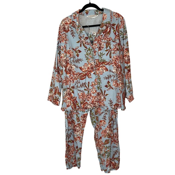 Soft Surroundings XL Pajama Set Floral Print Blue Brown Lounge Sleepwear - Picture 1 of 16
